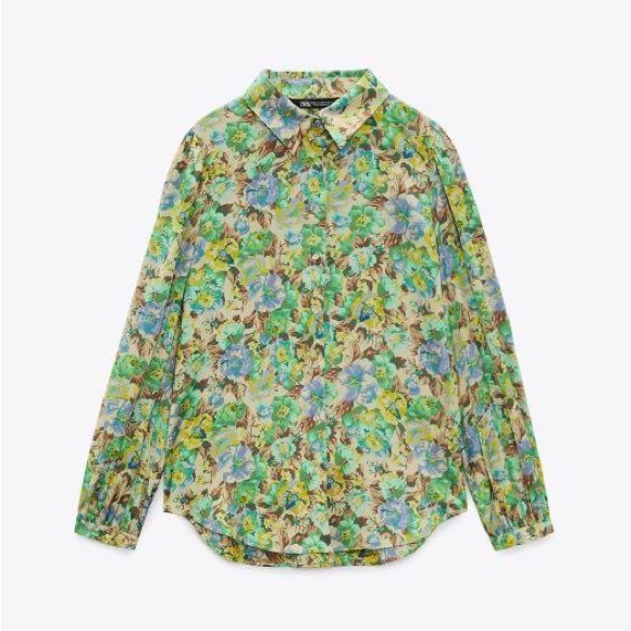 Zara Green Print Floral Buttoned Blouse Size XS - Picture 3 of 5